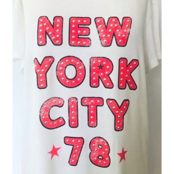 EXPRESS WHITE RED NEW YORK CITY 78 STUDDED SCRIPT GRAPHIC MODAL T-SHIRT XL NWT - Picture 2 of 8